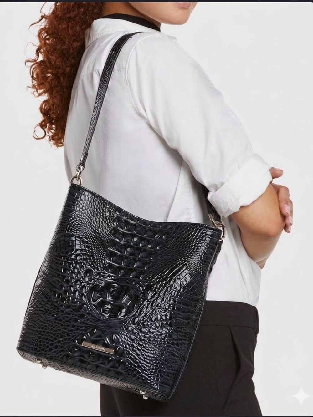 Brahmin Black Croc-Embossed Leather Hobo Bag